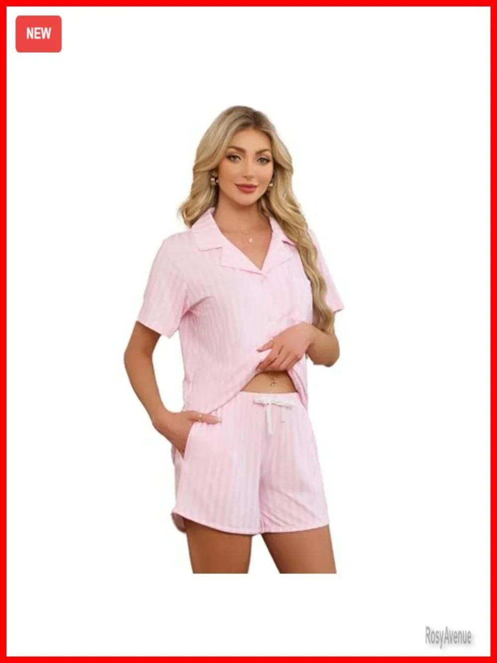 Women's Striped Pajama Set, Short Sleeve Button Down Notch Collar Sleepwear
